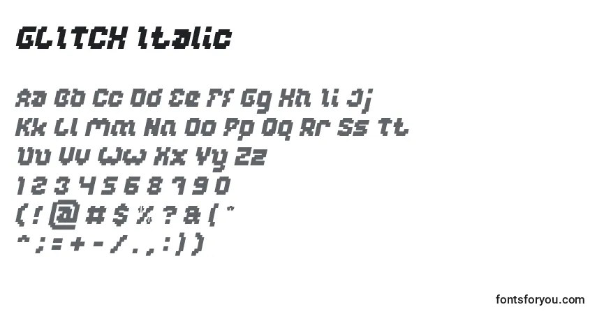 A fonte GLITCH Italic – alfabeto, números, caracteres especiais
