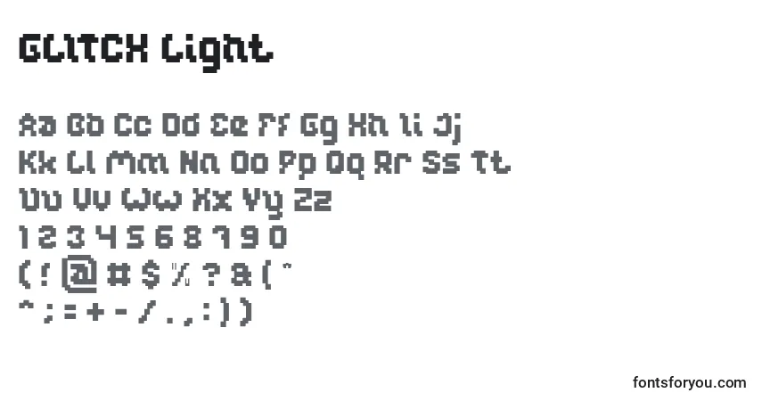 Czcionka GLITCH Light – alfabet, cyfry, specjalne znaki