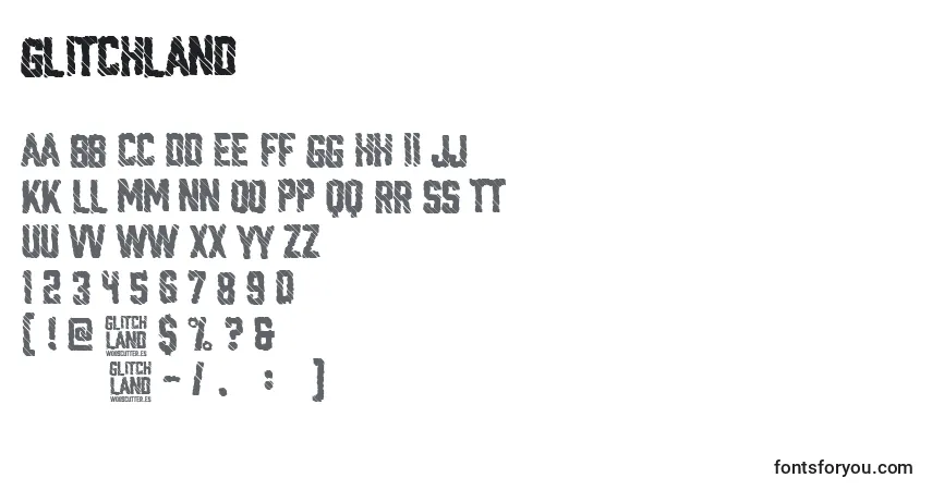 Шрифт Glitchland – алфавит, цифры, специальные символы