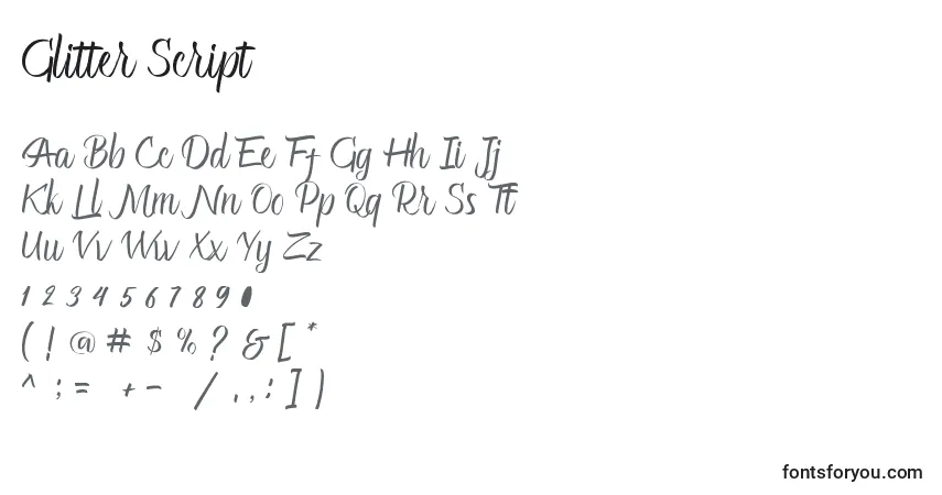 Schriftart Glitter Script – Alphabet, Zahlen, spezielle Symbole