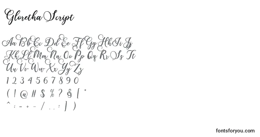 A fonte Gloretha Script (128051) – alfabeto, números, caracteres especiais