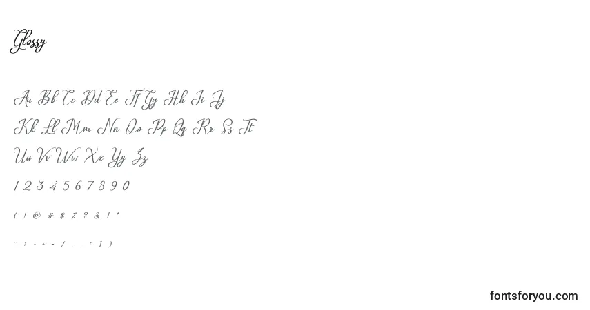 Schriftart Glossy (128059) – Alphabet, Zahlen, spezielle Symbole