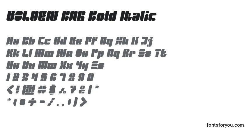 Шрифт GOLDEN BAR Bold Italic – алфавит, цифры, специальные символы