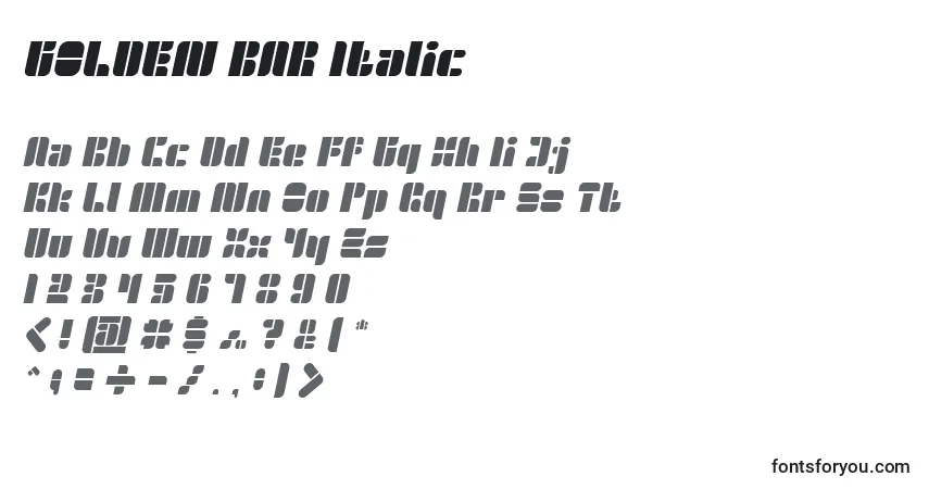Шрифт GOLDEN BAR Italic – алфавит, цифры, специальные символы