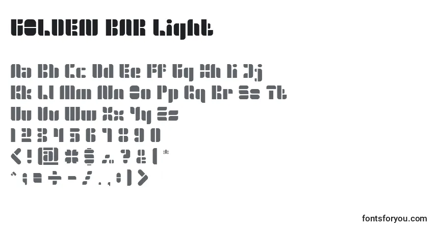 Шрифт GOLDEN BAR Light – алфавит, цифры, специальные символы