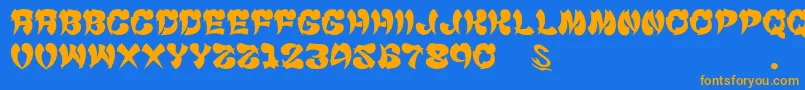 フォントgomarice cyankonabe – オレンジ色の文字が青い背景にあります。