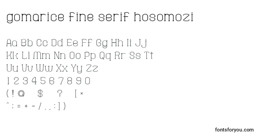 Czcionka Gomarice fine serif hosomozi – alfabet, cyfry, specjalne znaki