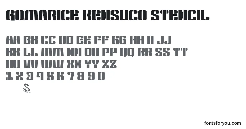 Schriftart Gomarice kensuco stencil – Alphabet, Zahlen, spezielle Symbole