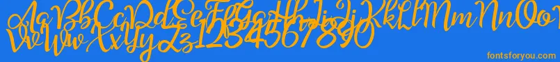 フォントGood Feeling Script Demo – オレンジ色の文字が青い背景にあります。