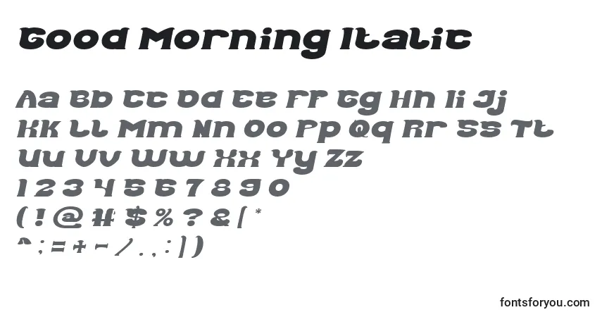 Czcionka Good Morning Italic – alfabet, cyfry, specjalne znaki
