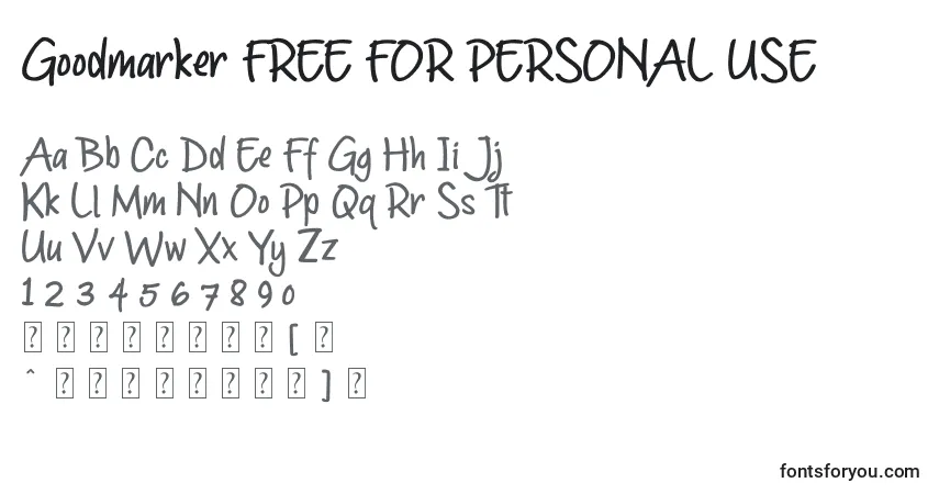 A fonte Goodmarker FREE FOR PERSONAL USE – alfabeto, números, caracteres especiais