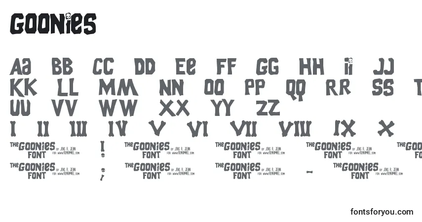 Schriftart Goonies (128244) – Alphabet, Zahlen, spezielle Symbole