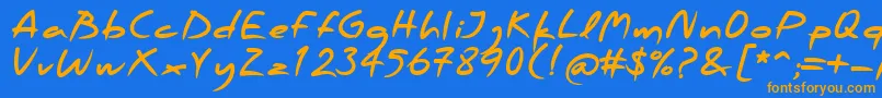 フォントPfscandalproBlack – オレンジ色の文字が青い背景にあります。