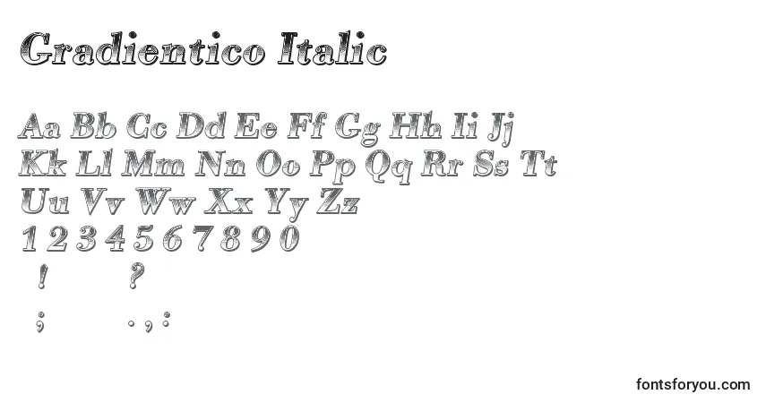 Schriftart Gradientico Italic – Alphabet, Zahlen, spezielle Symbole