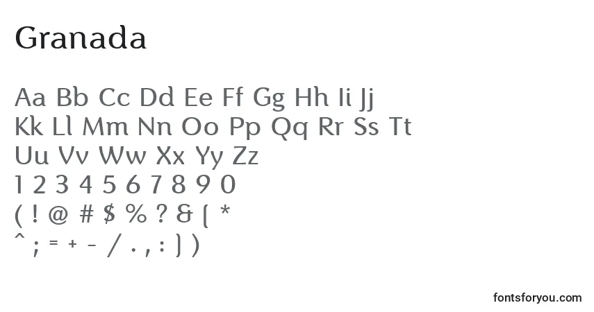 A fonte Granada (128356) – alfabeto, números, caracteres especiais