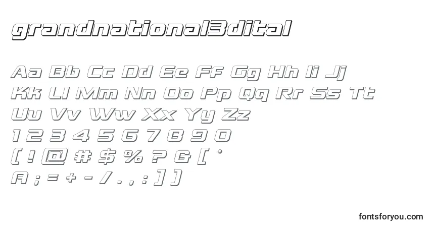 Schriftart Grandnational3dital (128374) – Alphabet, Zahlen, spezielle Symbole