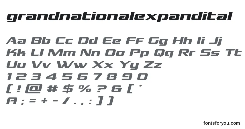 Шрифт Grandnationalexpandital (128381) – алфавит, цифры, специальные символы