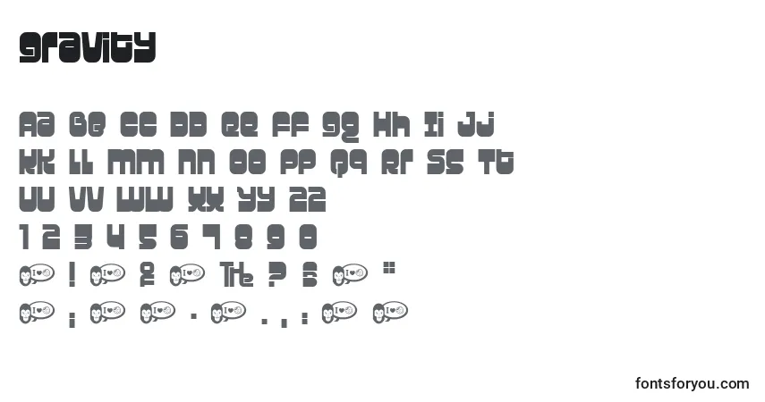 Schriftart Gravity (128424) – Alphabet, Zahlen, spezielle Symbole