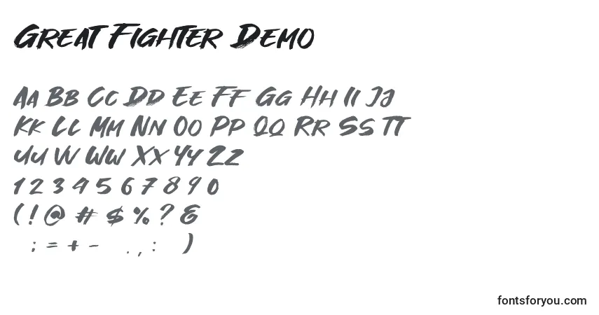 A fonte Great Fighter Demo (128444) – alfabeto, números, caracteres especiais