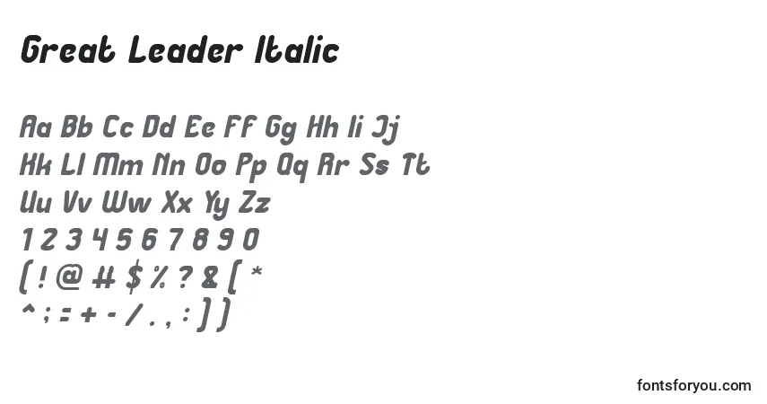Czcionka Great Leader Italic – alfabet, cyfry, specjalne znaki