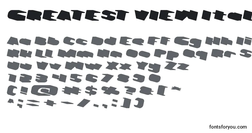 Шрифт GREATEST VIEW Italic – алфавит, цифры, специальные символы
