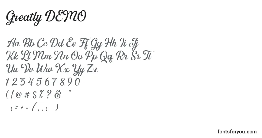 Шрифт Greatly DEMO – алфавит, цифры, специальные символы