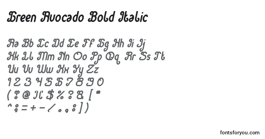 Schriftart Green Avocado Bold Italic – Alphabet, Zahlen, spezielle Symbole