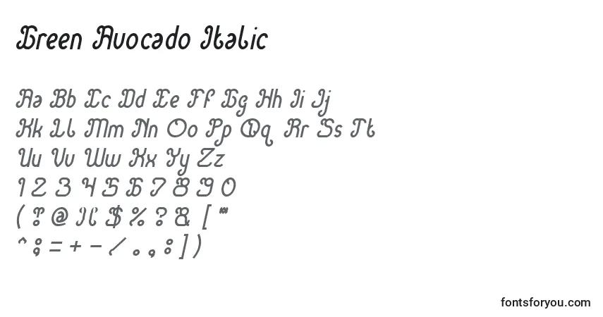 Шрифт Green Avocado Italic – алфавит, цифры, специальные символы