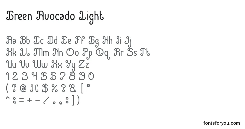Czcionka Green Avocado Light – alfabet, cyfry, specjalne znaki
