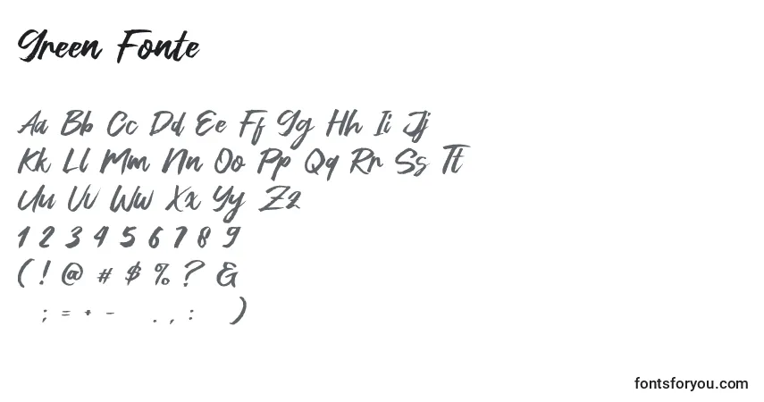 Czcionka Green Fonte – alfabet, cyfry, specjalne znaki