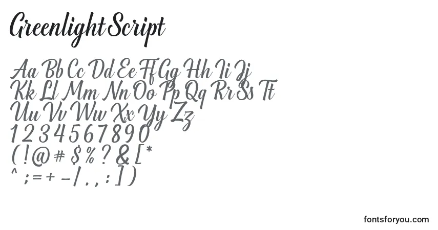 Greenlight Script-fontti – aakkoset, numerot, erikoismerkit