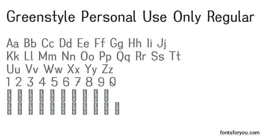 A fonte Greenstyle Personal Use Only Regular – alfabeto, números, caracteres especiais