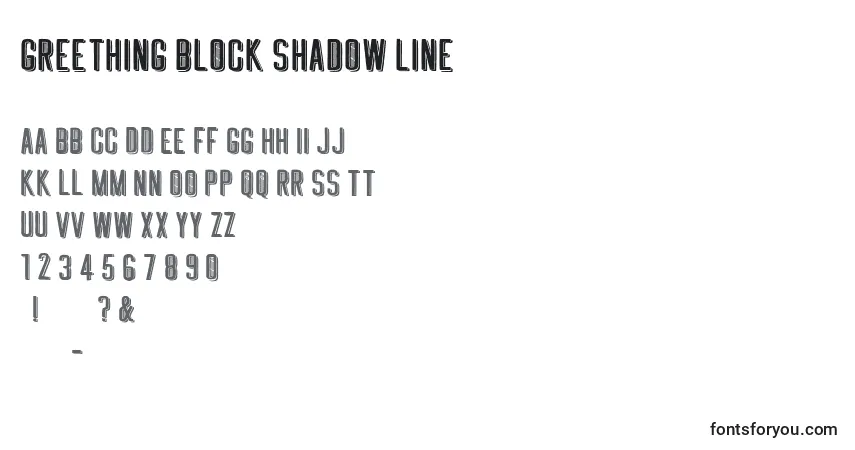 A fonte GREETHING BLOCK SHADOW LINE – alfabeto, números, caracteres especiais
