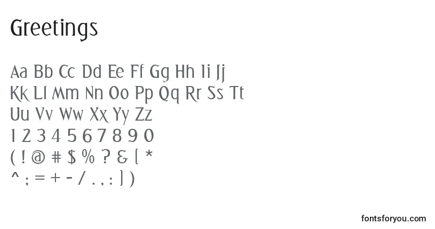 A fonte Greetings (128522) – alfabeto, números, caracteres especiais