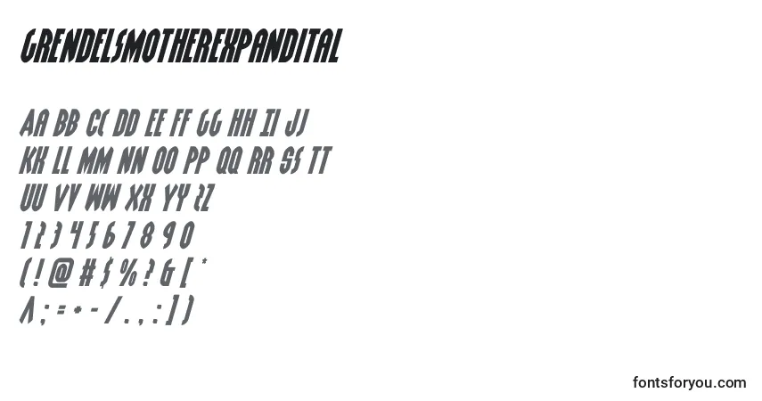 Шрифт Grendelsmotherexpandital (128541) – алфавит, цифры, специальные символы