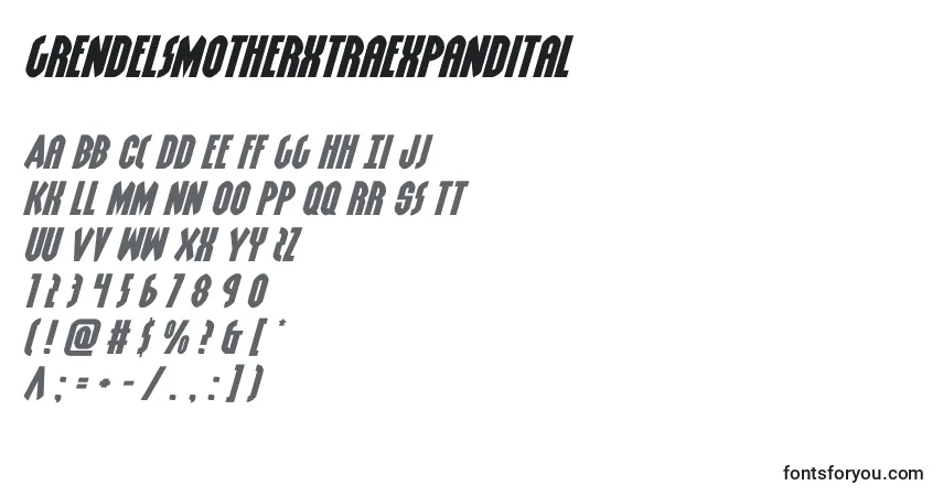Шрифт Grendelsmotherxtraexpandital (128559) – алфавит, цифры, специальные символы