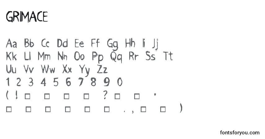 A fonte GRIMACE (128572) – alfabeto, números, caracteres especiais