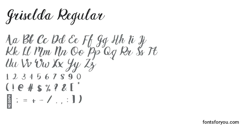 Czcionka Griselda Regular – alfabet, cyfry, specjalne znaki