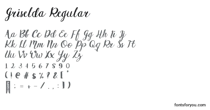 Czcionka Griselda Regular (128584) – alfabet, cyfry, specjalne znaki