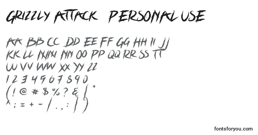 Шрифт Grizzly Attack   PERSONAL USE – алфавит, цифры, специальные символы