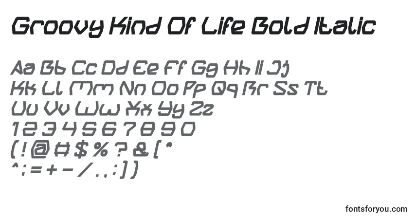 Schriftart Groovy Kind Of Life Bold Italic – Alphabet, Zahlen, spezielle Symbole