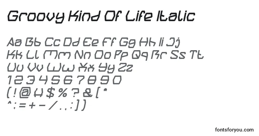 Schriftart Groovy Kind Of Life Italic – Alphabet, Zahlen, spezielle Symbole