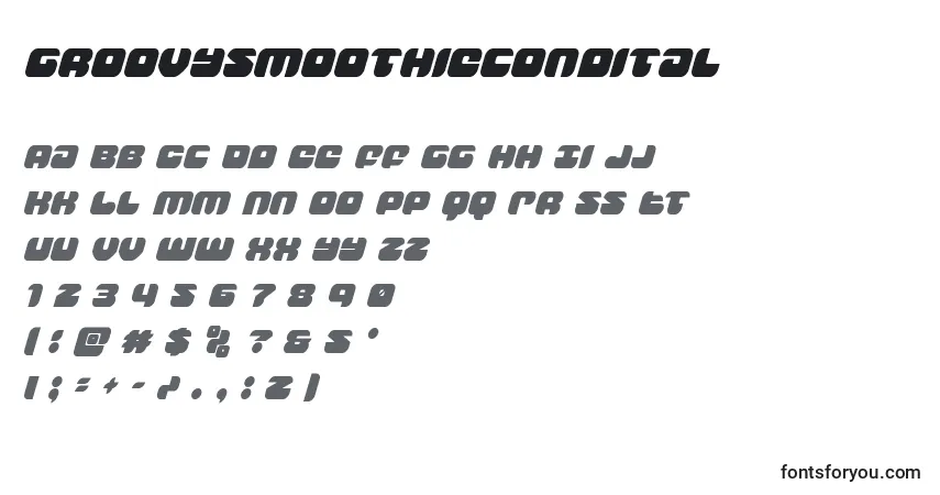A fonte Groovysmoothiecondital – alfabeto, números, caracteres especiais