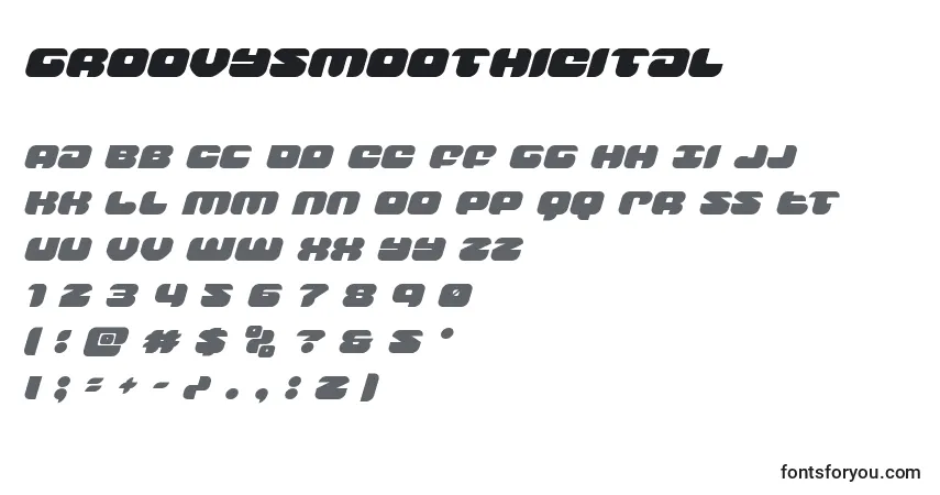 Czcionka Groovysmoothieital – alfabet, cyfry, specjalne znaki