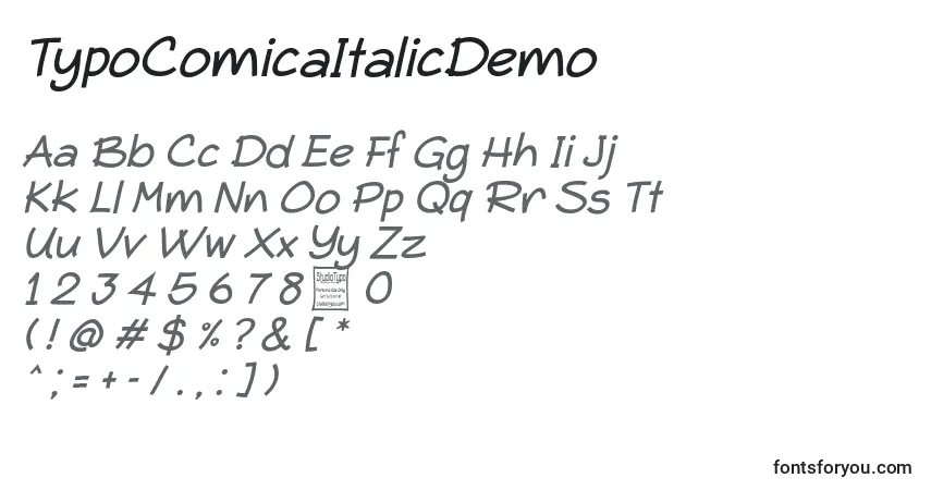 Schriftart TypoComicaItalicDemo – Alphabet, Zahlen, spezielle Symbole