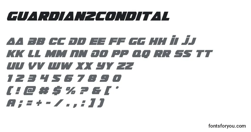 Шрифт Guardian2condital (128667) – алфавит, цифры, специальные символы