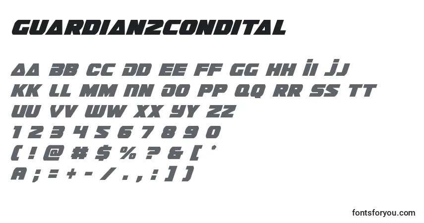 Шрифт Guardian2condital (128668) – алфавит, цифры, специальные символы