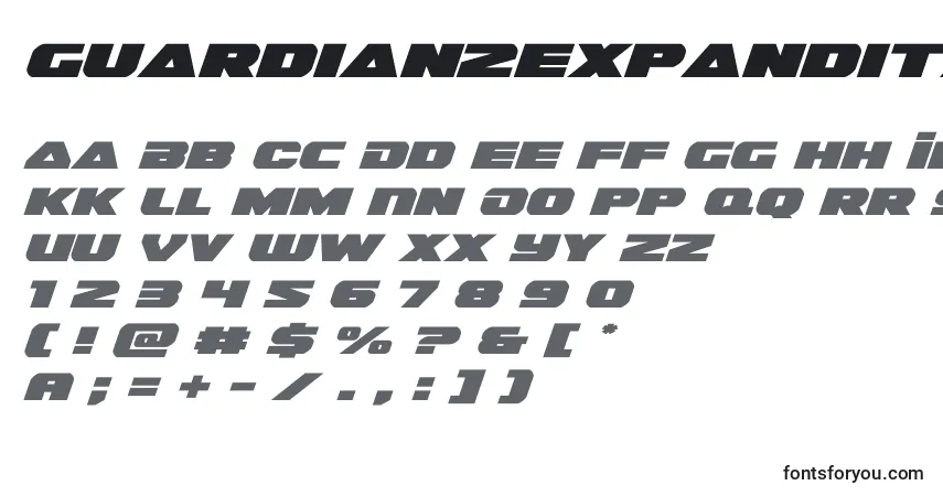 Шрифт Guardian2expandital (128671) – алфавит, цифры, специальные символы