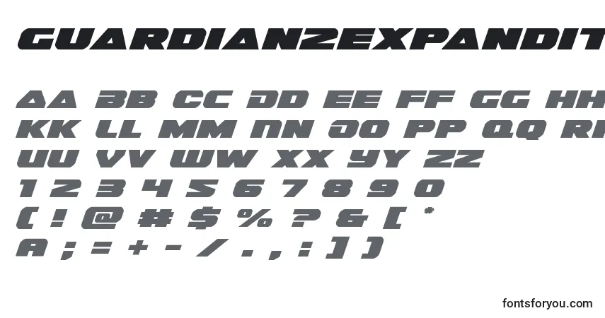 Шрифт Guardian2expandital (128672) – алфавит, цифры, специальные символы