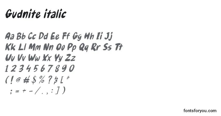 Czcionka Gudnite italic – alfabet, cyfry, specjalne znaki
